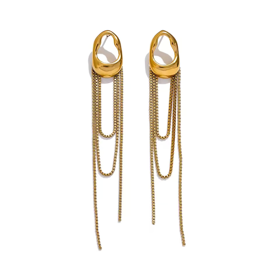Reneax and Company gold-tone drop earrings featuring organic sculptural studs and cascading multi-layered chain tassels
