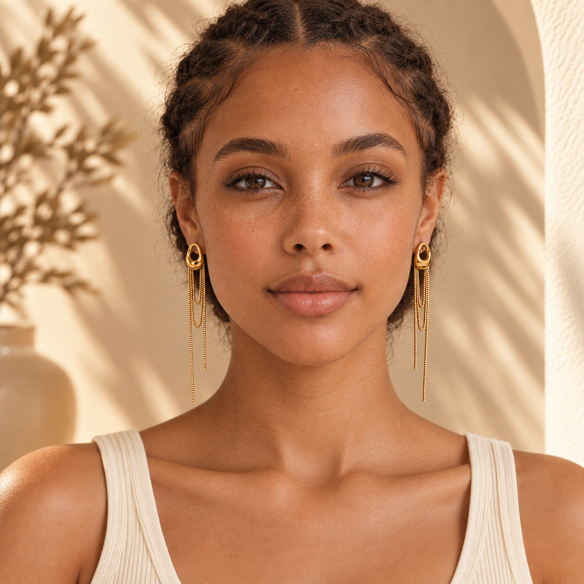 Reneax and Company gold cascading chain drop earrings with organic-shaped studs worn by a woman in a sunlit studio.