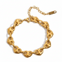 Reneax and Company gold heart link chain bracelet with polished finish and adjustable extender chain