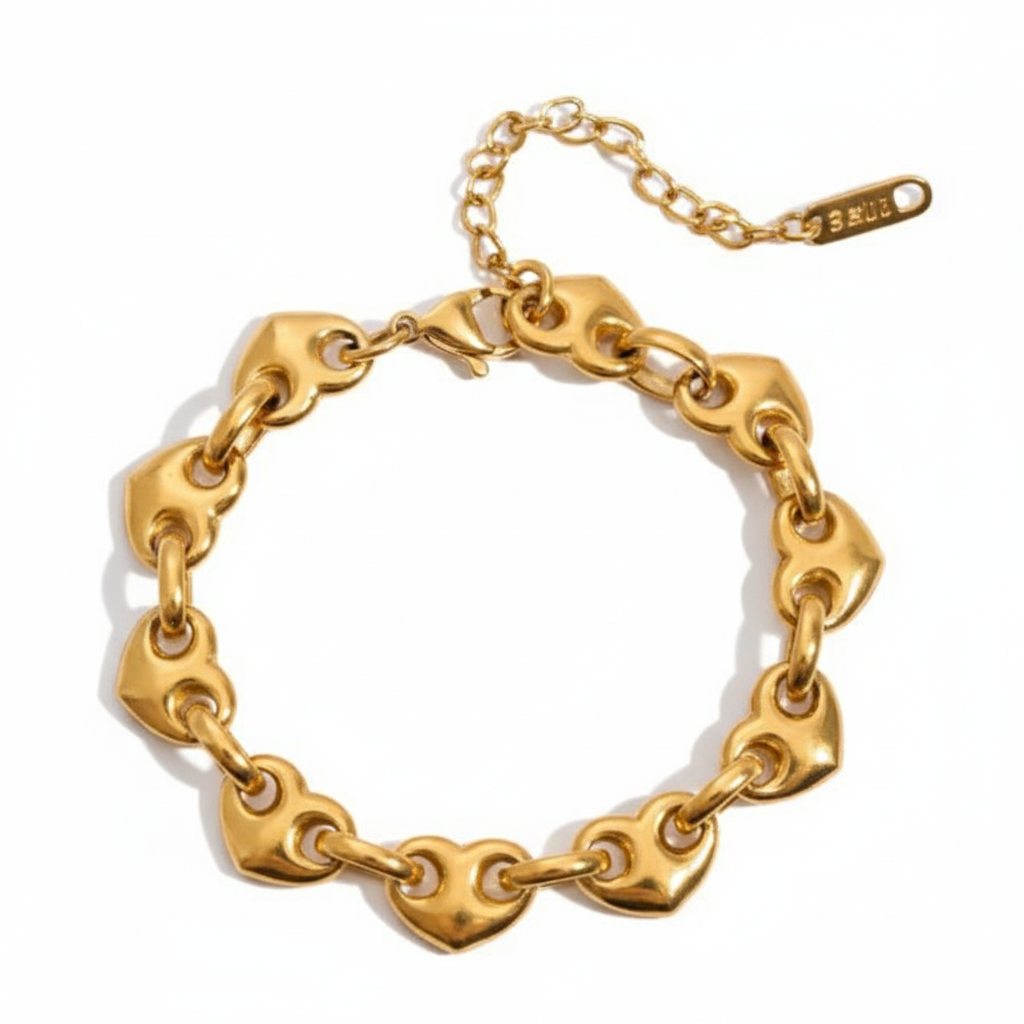 Reneax and Company gold heart link chain bracelet with polished finish and adjustable extender chain