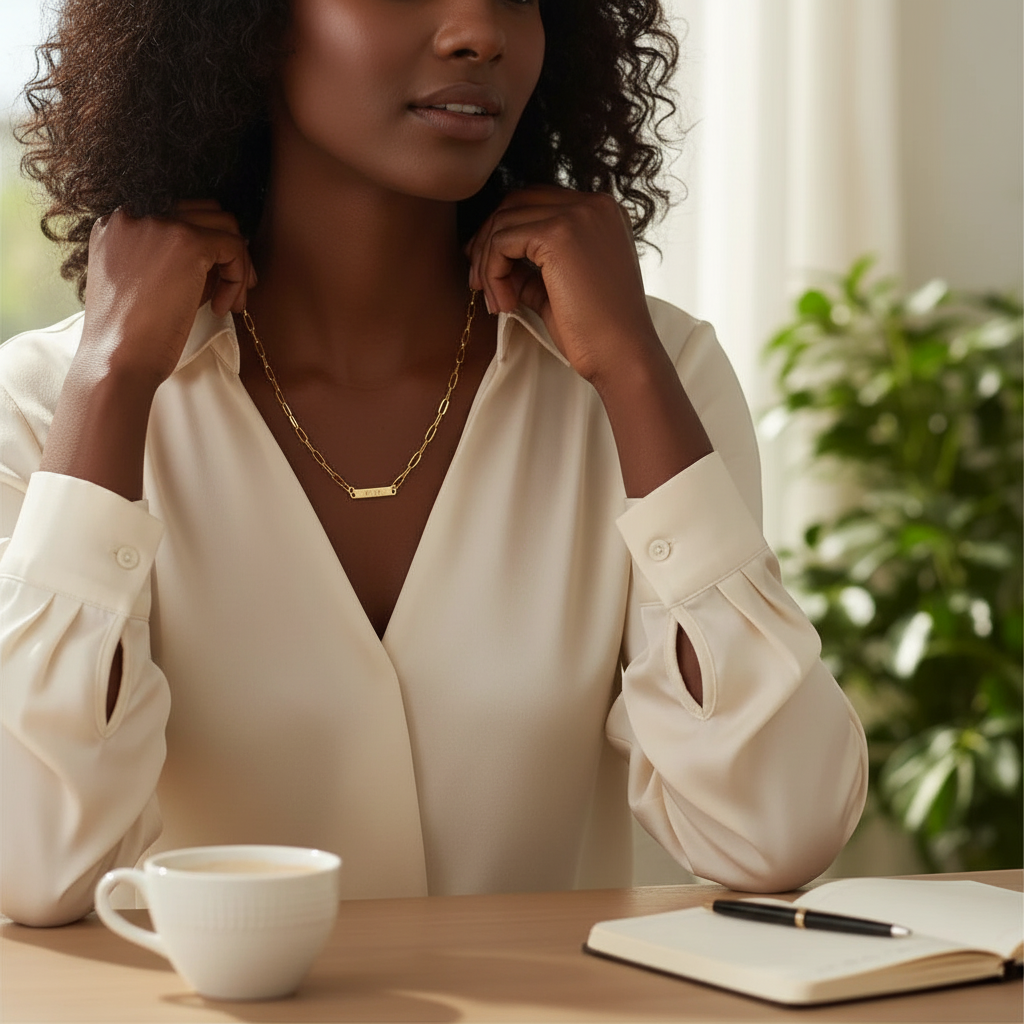 Reneax and Company gold paperclip chain necklace with a minimalist name plate worn by a woman at a desk