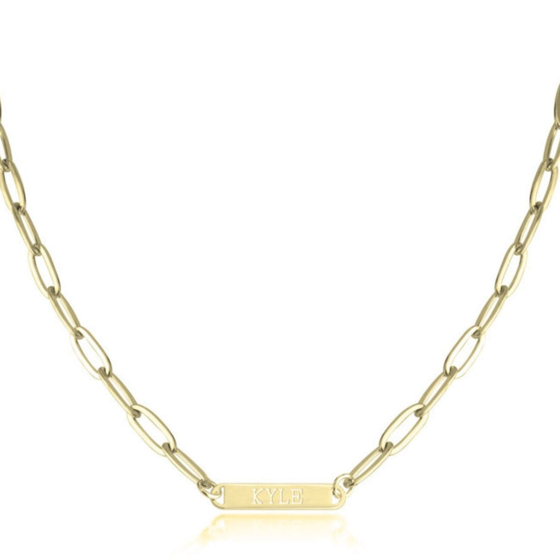 Reneax and Company gold paperclip chain necklace featuring a personalized rectangular name plate engraved with whatever text you want.