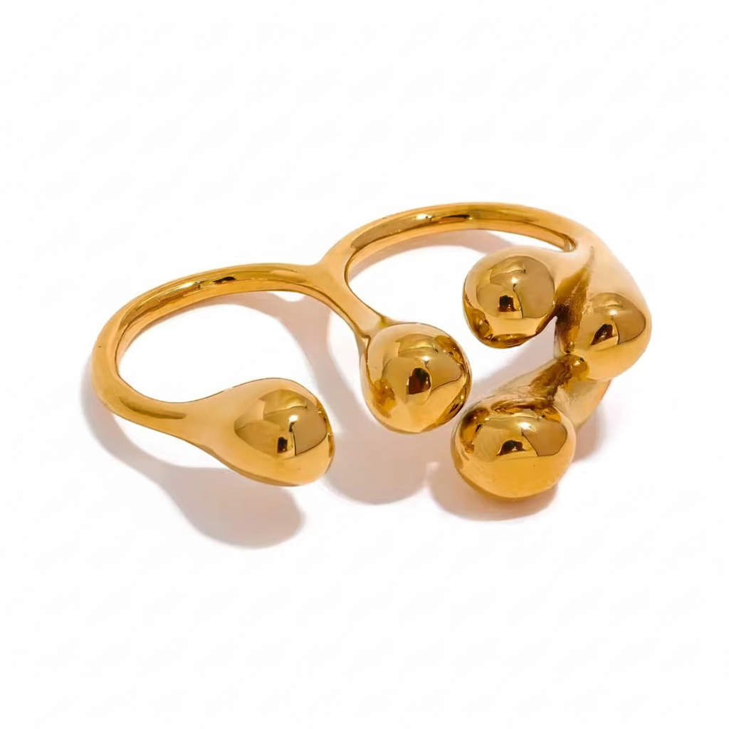 Reneax and Company gold double-finger ring with a sculptural liquid metal design and high-polish finish