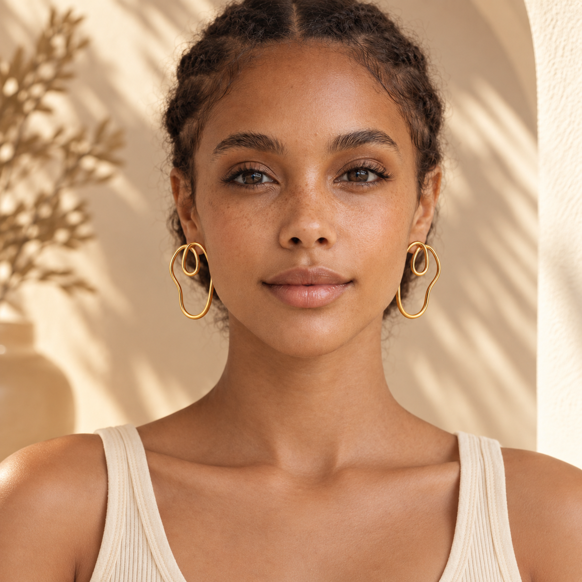 Reneax and Company gold sculptural hoop earrings worn by a woman with braided hair in a sunlit minimalist setting