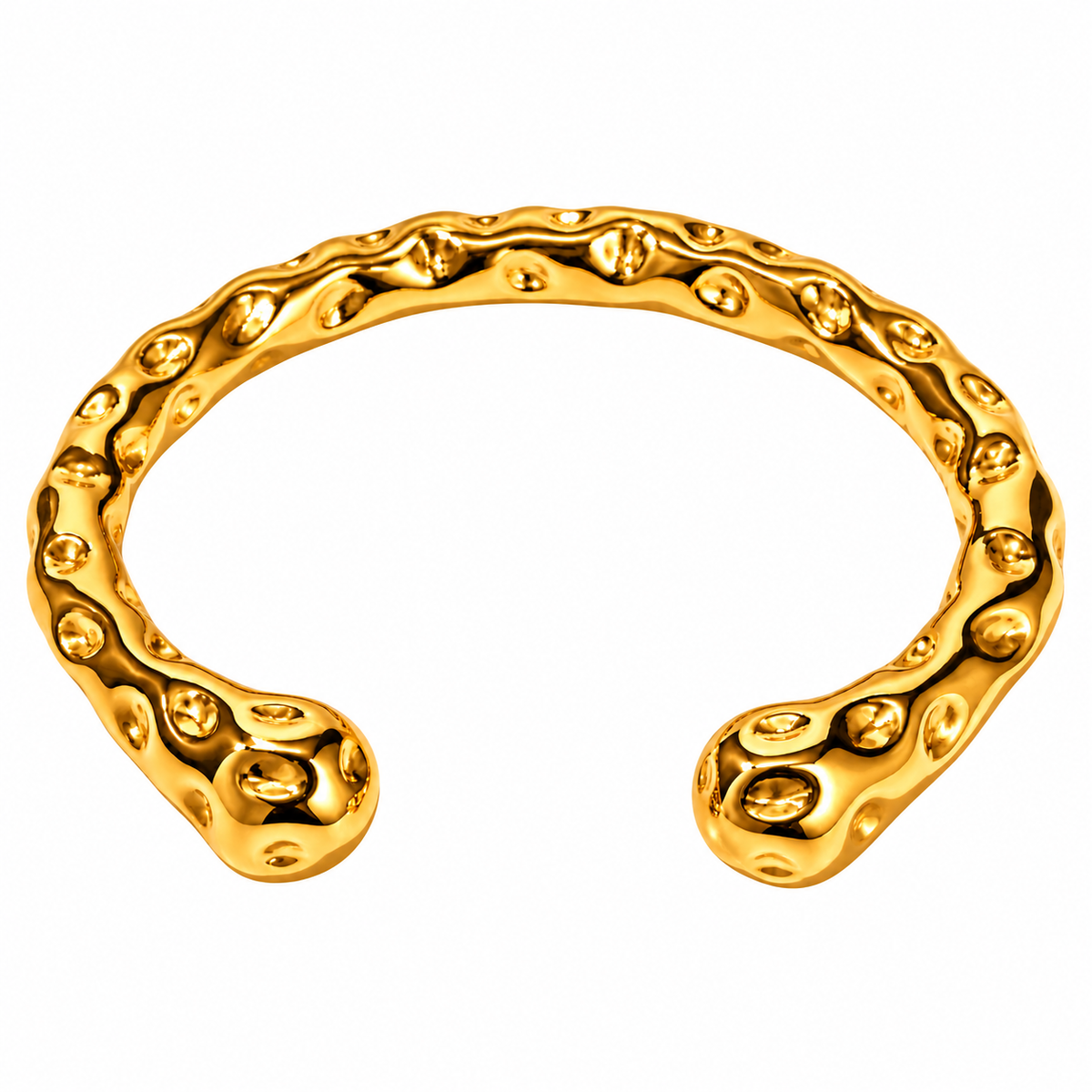 Reneax and Company gold-tone open cuff bracelet with a molten, organic textured surface and high-shine finish.