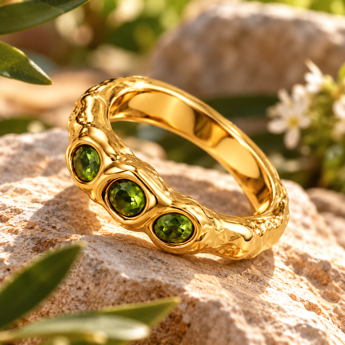 Reneax and Company gold ring with organic molten texture and three round-cut green gemstones on a stone surface