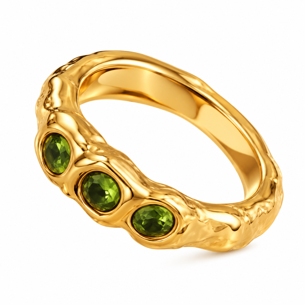 Reneax and Company gold ring with an organic molten texture and three round-cut green gemstones.