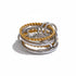 Reneax and Company interlocking multi band statement ring featuring polished silver and twisted gold rope textures.