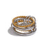Reneax and Company interlocking multi band statement ring featuring polished silver and gold twisted rope textures.