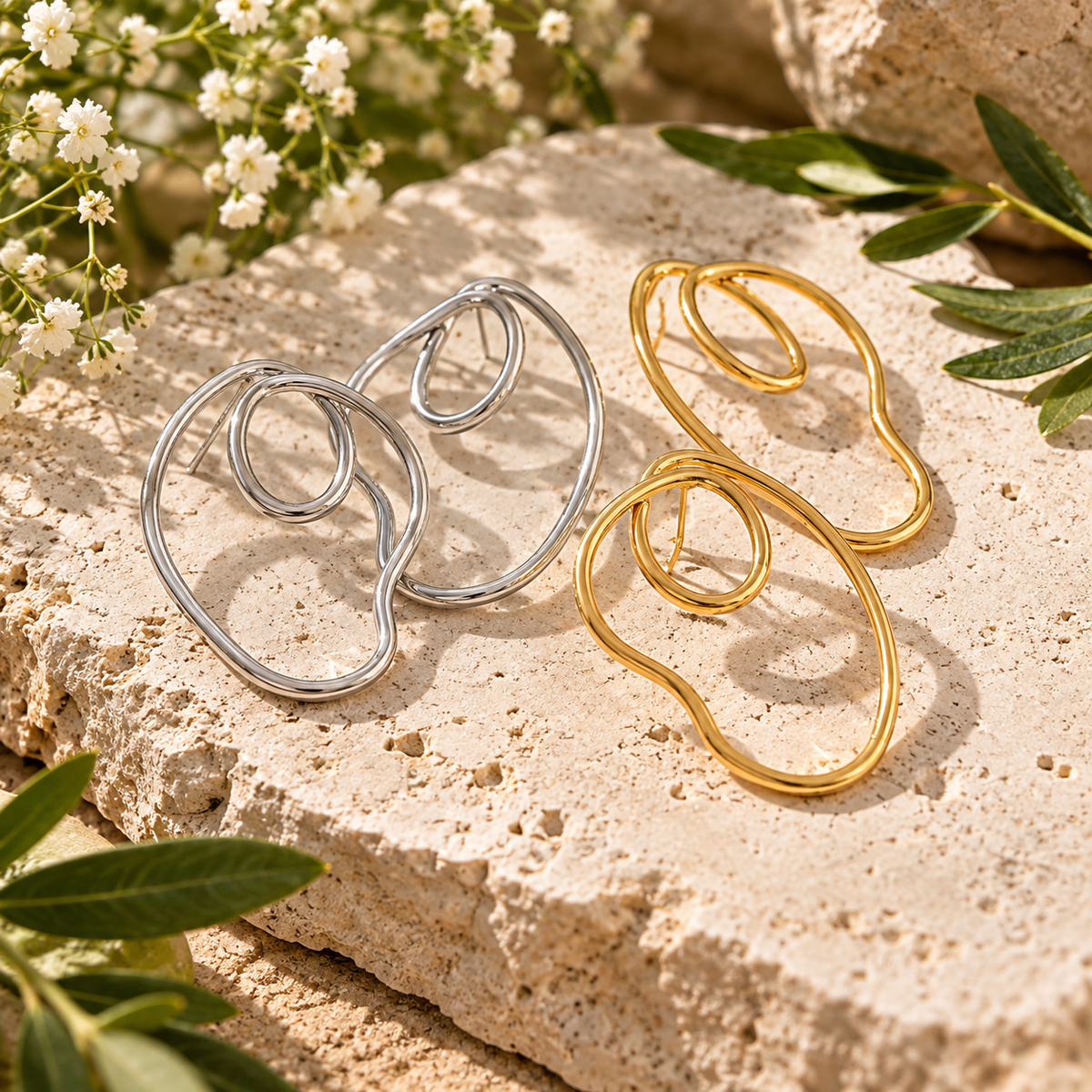 Reneax and Company sculptural hoop earrings in silver and gold, featuring organic fluid shapes on a stone surface.
