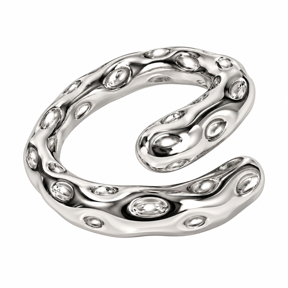Reneax and Company abstract sculptural ring in high-polish silver with organic molten metal texture and crater details