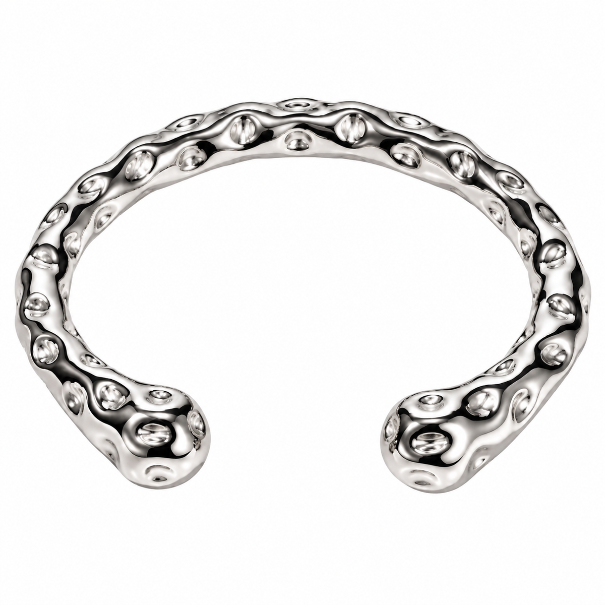 Reneax and Company silver-tone open cuff bracelet with a molten, crater-like textured surface and high-shine finish.