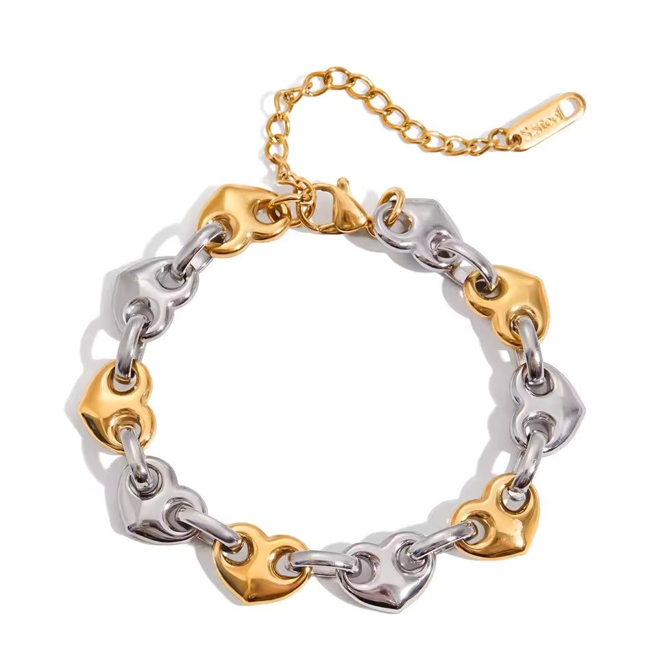 Reneax and Company two-tone silver and gold interlocking heart link chain bracelet with adjustable extender clasp